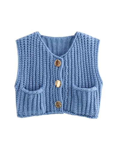 Damen Grobstrickweste Y2K ärmellos V-Ausschnitt Knopfleiste Crop Crochet Knit Weste Top Westen Pullover Cardigan Streetwear, A-Blau, L von Acrawnni