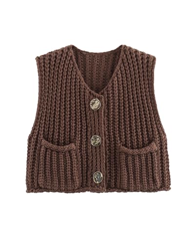 Damen Grobstrickweste Y2K ärmellos V-Ausschnitt Knopfleiste Crop Crochet Knit Weste Top Westen Pullover Cardigan Streetwear, A-Kaffee, M von Acrawnni