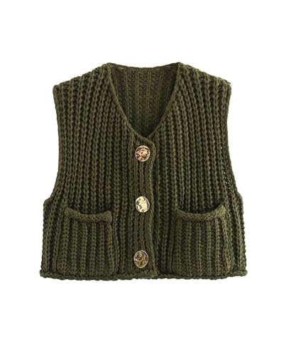 Damen Grobstrickweste Y2K ärmellos V-Ausschnitt Knopfleiste Crop Crochet Knit Weste Top Westen Pullover Cardigan Streetwear, A-army Grün, M von Acrawnni