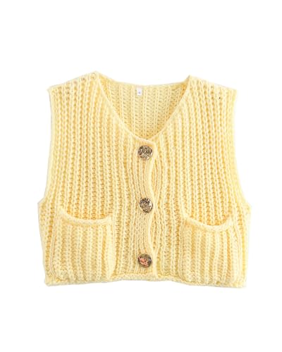 Damen Grobstrickweste Y2K ärmellos V-Ausschnitt Knopfleiste Crop Crochet Knit Weste Top Westen Pullover Cardigan Streetwear, A-gelb, L von Acrawnni