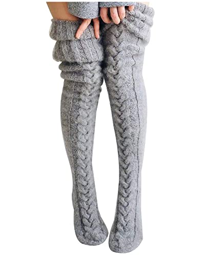 Damen Mädchen Winter Zopfstrick Overknee Socken Oberschenkel Hohe Lange Stiefel Socken Strumpf Beinwärmer (A-Grey, One Size) von Acrawnni