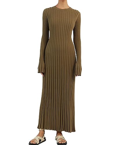 Damen-Maxikleid Aus Geripptem Strick Langärmelig Rundhalsausschnitt Schmale Passform Figurbetont Bleistift Langes Kleid Party Clubwear (A-Camel, S) von Acrawnni