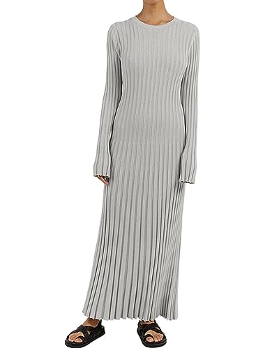 Damen-Maxikleid Aus Geripptem Strick Langärmelig Rundhalsausschnitt Schmale Passform Figurbetont Bleistift Langes Kleid Party Clubwear (A-Gray, S) von Acrawnni