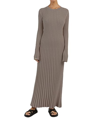 Damen-Maxikleid Aus Geripptem Strick Langärmelig Rundhalsausschnitt Schmale Passform Figurbetont Bleistift Langes Kleid Party Clubwear (A-Grayish Khaki, L) von Acrawnni