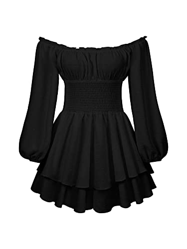 Damen Puffärmel Off Shoulder Shorts Romper Quadratischer Hals Geraffte A Line Flowy Swing Kleid Smocked Layered Piratenkostüm Damen (A-Black, XL) von Acrawnni