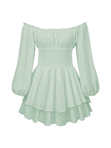 Damen Puffärmel Off Shoulder Shorts Romper Quadratischer Hals Geraffte A Line Flowy Swing Kleid Smocked Layered Piratenkostüm Damen (A-Green, S) von Acrawnni