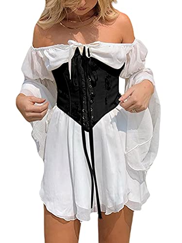 Damen Puffärmel Off Shoulder Shorts Romper Quadratischer Hals Geraffte A Line Flowy Swing Kleid Smocked Layered Piratenkostüm Damen (E-White, S) von Acrawnni