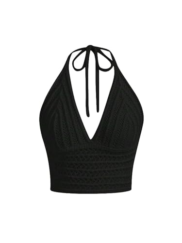 Damen Sommer Strand Häkeln Neckholder Top Bralette Strick BH Bikini Ärmellos Krawatte Boho Floral Cami Tops Beachwear, C-schwarz, M von Acrawnni