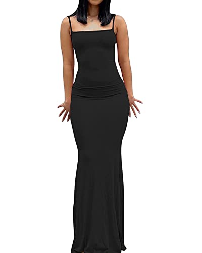 Damen Spaghetti-Träger Ärmelloses langes Kleid Fischschwanz LowCut Rückenfreies langes, figurbetontes Sling-Kleid Party Abend Maxikleid (A-Black, L) von Acrawnni