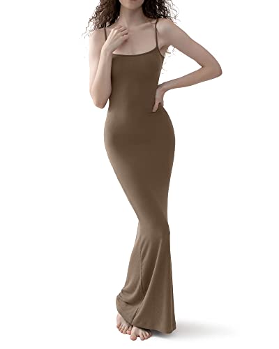 Damen Spaghetti-Träger Ärmelloses langes Kleid Fischschwanz LowCut Rückenfreies langes, figurbetontes Sling-Kleid Party Abend Maxikleid (B-Brown, M) von Acrawnni