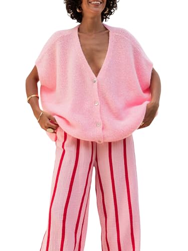 Damen-Strickjacke, einfarbig, Knopfleiste, leicht, kurzärmelig, V-Ausschnitt, Strickpullover, lockere Outwear, Jacke, Tops, A-Pink, L Damen-Strickjacke, einfarbig, Knopfleiste, leicht, kurzärmelig, V-Ausschnitt, Strickpullover, lockere Outwear, Jacke, Tops, A-Pink, L von Acrawnni