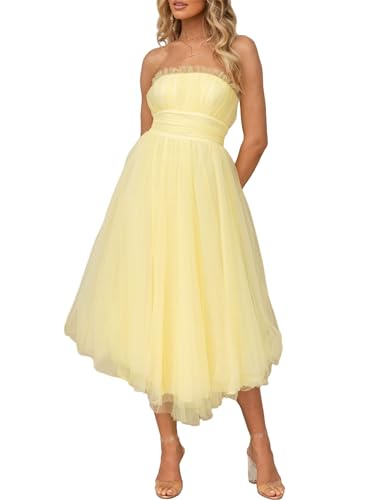 Damen Tüll Trägerloses Tutu Kleid Ärmellos Spitze Mesh A Linie Swing Midi Kleid Y2k Rückenfrei Geraffte Abendkleider Partykleider, A-gelb, L von Acrawnni