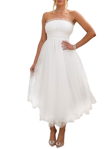 Damen Tüll Trägerloses Tutu Kleid Ärmellos Spitze Mesh A Linie Swing Midi Kleid Y2k Rückenfrei Geraffte Abendkleider Partykleider, A-weiß, Small von Acrawnni