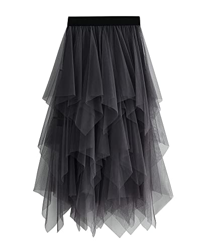 Damen-Tüllrock, elastisch, hohe Taille, Blumendruck, Abgestuft, geschichtet, unregelmäßiges Mesh, Ballett, Abschlussball, Party, Tüll, Tutu, Midirock in A-Linie (B-Grey, ONE Size) von Acrawnni