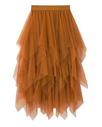 Damen-Tüllrock, elastisch, hohe Taille, Blumendruck, Abgestuft, geschichtet, unregelmäßiges Mesh, Ballett, Abschlussball, Party, Tüll, Tutu, Midirock in A-Linie (B-Khaki, ONE Size) von Acrawnni