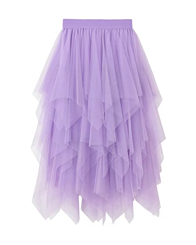 Damen-Tüllrock, elastisch, hohe Taille, Blumendruck, Abgestuft, geschichtet, unregelmäßiges Mesh, Ballett, Abschlussball, Party, Tüll, Tutu, Midirock in A-Linie (B-Purple, ONE Size) von Acrawnni