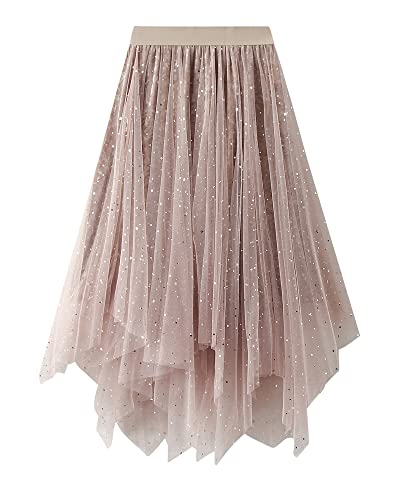 Damen-Tüllrock, elastisch, hohe Taille, Blumendruck, Abgestuft, geschichtet, unregelmäßiges Mesh, Ballett, Abschlussball, Party, Tüll, Tutu, Midirock in A-Linie (H-Apricot, One Size) von Acrawnni