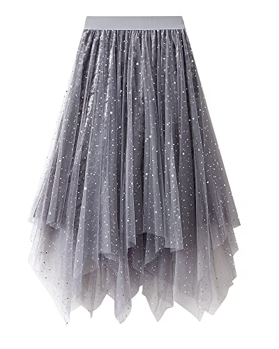 Damen-Tüllrock, elastisch, hohe Taille, Blumendruck, Abgestuft, geschichtet, unregelmäßiges Mesh, Ballett, Abschlussball, Party, Tüll, Tutu, Midirock in A-Linie (H-Grey, One Size) von Acrawnni