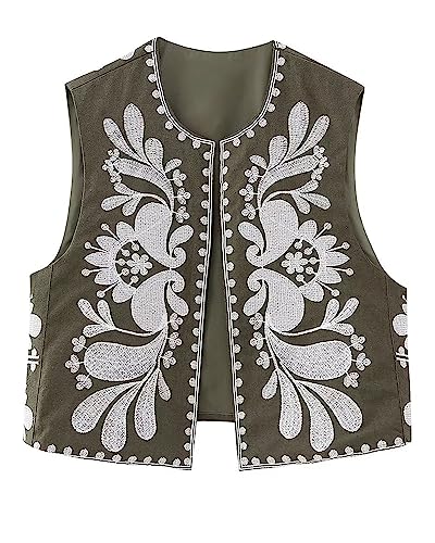 Damen-Weste, Vintage, Blumenstickerei, bauchfrei, lässig, offen, ärmellos, Cardigan, Oberbekleidung, Streetwear, A-army Grün, 36 von Acrawnni