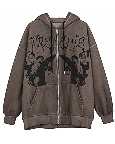 Damen Y2K Vintage Zip Up Hoodie Oversized Print Langarm Kordelzug Mantel Jacke mit Taschen E-Girl Streetwear, A-Kaffee, 42 von Acrawnni