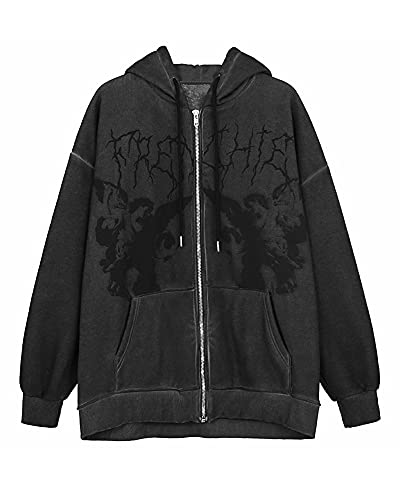 Damen Y2K Vintage Zip Up Hoodie Oversized Print Langarm Kordelzug Mantel Jacke mit Taschen E-Girl Streetwear, A-schwarz, 46 von Acrawnni