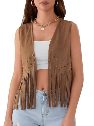 Damenweste mit Quasten, 70er-Jahre, Hippie-Kunstwildleder, Nieten, ärmellos, Fransen, Wester, Jacke, offene Vorderseite, Boho, Westernjacke, Cardigan, C-Camel, M von Acrawnni