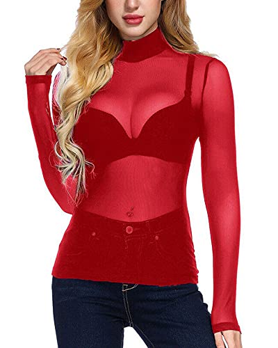 Frauen Sexy Sheer Mesh See-Through Slim Fit Shirts Langarm Vintage Rollkragen Sparkle T-Shirt Bluse Tops Clubwear (A-Red, L) von Acrawnni