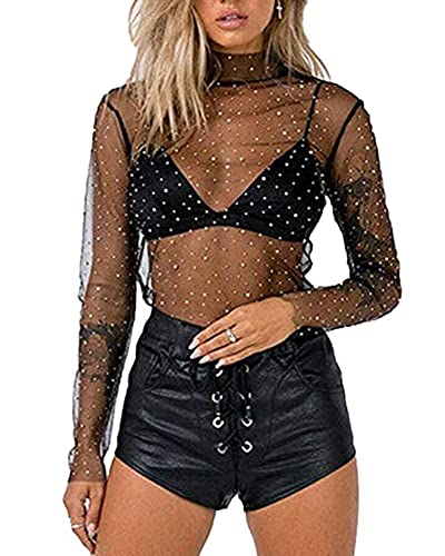 Frauen Sexy Sheer Mesh See-Through Slim Fit Shirts Langarm Vintage Rollkragen Sparkle T-Shirt Bluse Tops Clubwear (B-Black, L) von Acrawnni