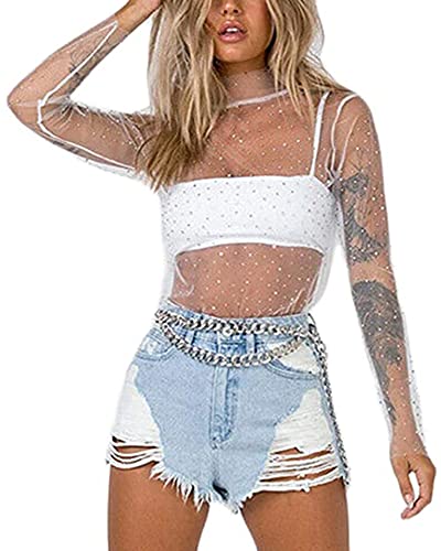 Frauen Sexy Sheer Mesh See-Through Slim Fit Shirts Langarm Vintage Rollkragen Sparkle T-Shirt Bluse Tops Clubwear (B-White, L) von Acrawnni