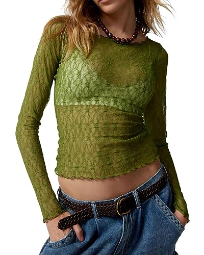 Frauen Sexy Sheer Mesh See-Through Slim Fit Shirts Langarm Vintage Rollkragen Sparkle T-Shirt Bluse Tops Clubwear (K-Green, XL) von Acrawnni