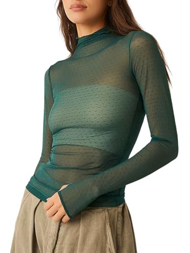 Frauen Sexy Sheer Mesh See-Through Slim Fit Shirts Langarm Vintage Rollkragen Sparkle T-Shirt Bluse Tops Clubwear (M-Army Green, L) von Acrawnni