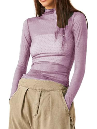 Frauen Sexy Sheer Mesh See-Through Slim Fit Shirts Langarm Vintage Rollkragen Sparkle T-Shirt Bluse Tops Clubwear (M-Purple, L) von Acrawnni