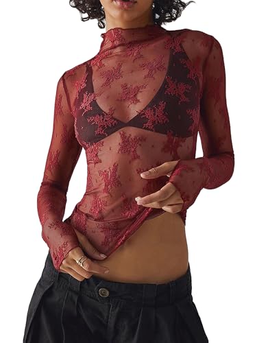 Frauen Sexy Sheer Mesh See-Through Slim Fit Shirts Langarm Vintage Rollkragen Sparkle T-Shirt Bluse Tops Clubwear (N-Wine Red, L) von Acrawnni