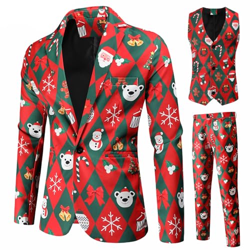 Herren Weihnachten Anzug Snowfalke Santa Print Blazer Jacke Hose Männer Anzug Set Smoking 2 Stück Regular Fun Ugly Xmas Kostüm, B-Rot, XXXL von Acrawnni