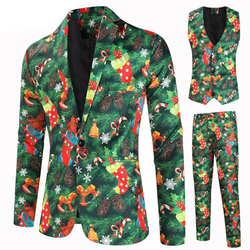 Herren Weihnachten Anzug Snowfalke Santa Print Blazer Jacke Hose Männer Anzug Set Smoking 2 Stück Regular Fun Ugly Xmas Kostüm, B-grün, XXXL von Acrawnni