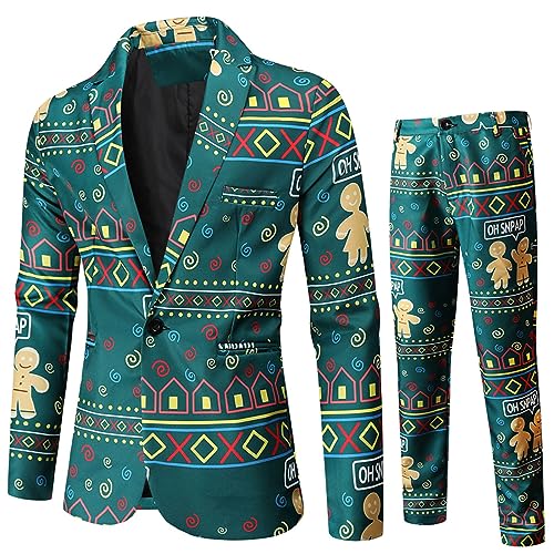 Herren Weihnachtsanzug Snowfalke Santa Print Blazer Jacke Hose Herren Anzug Set Smoking 2-teilig Regular Fun Ugly Xmas Kostüm, A-dark green, XXXXL von Acrawnni