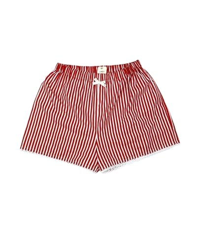 Y2K Lounge-Shorts für Damen, niedlich, elastisch, niedrige Taille, gestreift, kariert, Knopfleiste, Strand-Pyjamahose, Boxershorts, Nachtwäsche, E-Wine Rot, S von Acrawnni