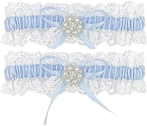 Acrebow Blau - Weisses Strumpfband für Hochzeit mit Schleife, elastisches Hochzeit Strumpfband mit Spitze und filigranen Strass-Steinen, Garters 100% Handgefertigt von Acrebow