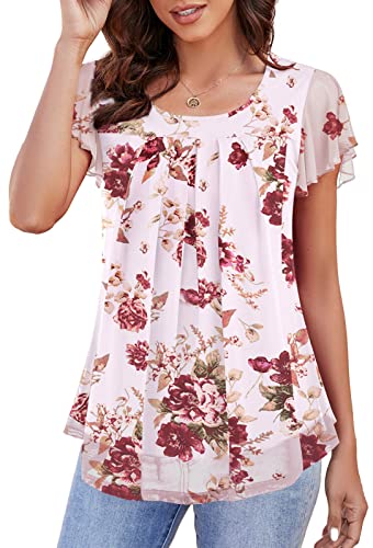 Actcat Blusen Damen Elegant Falten Kurzarm Rüschen Sommer Shirt Rundhals Blusentops Tunika Doppellagig Longshirt Blusenshirt Blumen Lässiger Oberteile von Actcat