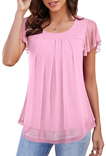 Actcat Blusen Damen Elegant Falten Kurzarm Rüschen Sommer Shirt Rundhals Blusentops Tunika Doppellagig Longshirt Blusenshirt Blumen Lässiger Oberteile von Actcat