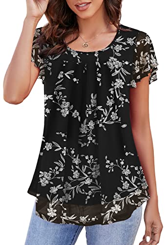 Actcat Blusen Damen Elegant Falten Kurzarm Rüschen Sommer Shirt Rundhals Blusentops Tunika Doppellagig Longshirt Blusenshirt Blumen Lässiger Oberteile von Actcat