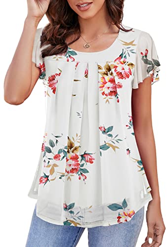 Actcat Blusen Damen Elegant Falten Kurzarm Rüschen Sommer Shirts Rundhals Blusentops Tunika Doppellagig Longshirt Blusenshirt Blumen Lässiger Oberteile von Actcat