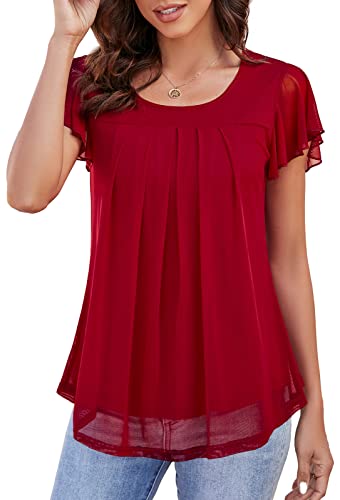 Actcat Blusen Damen Elegant Falten Kurzarm Rüschen Sommer Shirts Rundhals Blusentops Tunika Doppellagig Longshirt Blusenshirt Blumen Lässiger Oberteile von Actcat