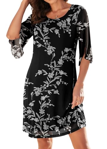 Actcat Damen Lässiges Rüschenkleid mit 3/4-Ärmeln, Netzkleid, lockeres,fließendes, dehnbares, Damenkleider elegant,cocktailkleid Damen，cocktailkleiderdamenkleider festlich，chiffonkleid Damen,XXL von Actcat