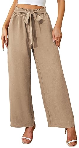 Actcat Damen Hose mit weitem Bein leicht und elegant elastischer Bund Sommerhose mit Taschen für legere Arbeit geeignet Sommerhose Damen leicht musselin Hose lang,Khaki,XL von Actcat