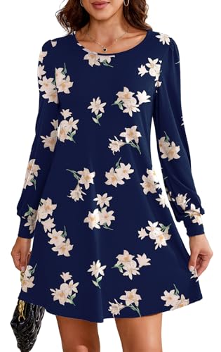 Actcat Kleid Damen Herbst Langarm Elegent Kleid Einfabrig Knielang Kleid schlankmachende Festliche Kleider cocktailkleid Damen schlankmacher Moderne Strickkleider Navy Lily L von Actcat