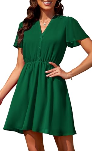 Actcat Damen Kleid V-Ausschnitt Chiffon Kleider Transparent Kurzarm Blumenmuster Freizeitkleider Wickelkleid Minikleid Blusenkleid Sommerkleid Strickkleid, Dunkelgrün, L von Actcat