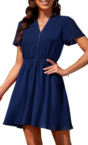 Actcat Damen Kleid V Ausschnitt Chiffon Kleider Transparent Kurzarm Blumenmuster Freizeitkleider Wickel Minikleid Mini Dress blusenkleid Damen Sommerkleid Damen Kleid Strickkleid Damen,Navy blau,L von Actcat