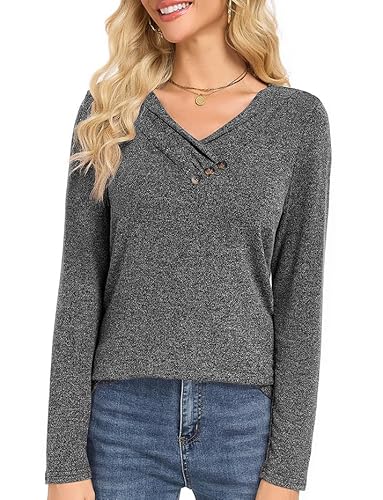 Actcat Damen Langarmshirt V-Ausschnitt Oberteile Damen Herbst Knöpfe Casual Bluse,Dark Gray,M von Actcat
