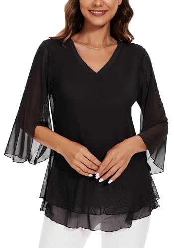 Actcat mesh Oberteil Damen Shirt 3/4 arm Damen Oberteil Damen elegant Doppellagig V-Ausschnitt Oberteile Chiffon Bluse Damen Locker Longshirt Bluse Damen elegant rüschenbluse Damenbluse von Actcat